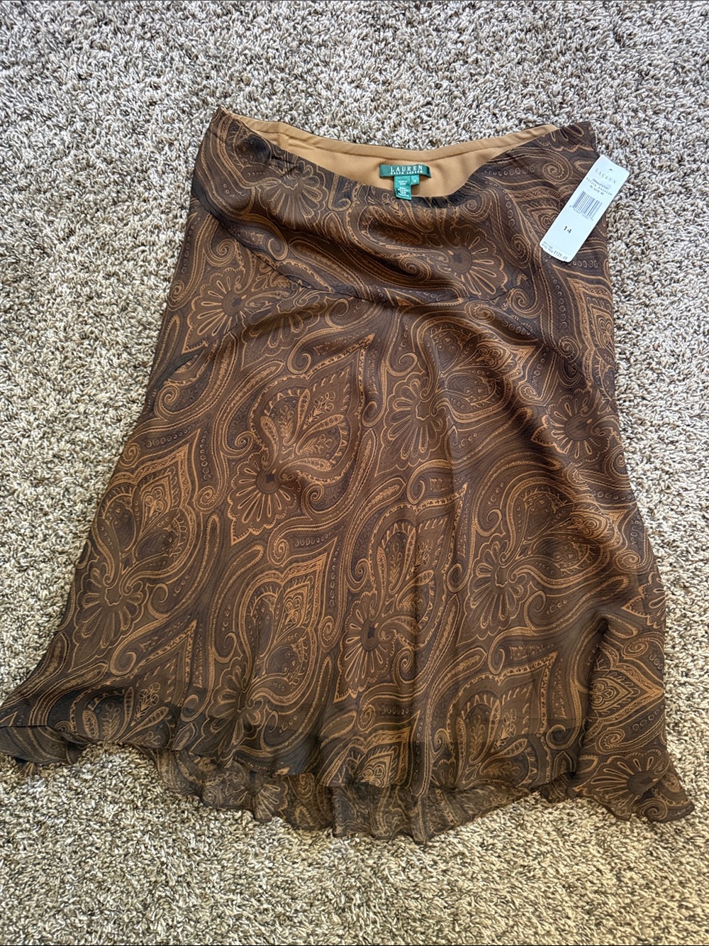 Vintage Y2K Lauren Ralph Lauren Brown Paisley A-Line 100% Silk Skirt